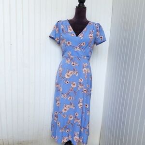 Ralph Lauren Blue Burgundy White Floral Faux Wrap Flutter Sleeve Dress Sz 2